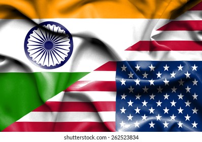 Waving Flag Of United States Of America And India 