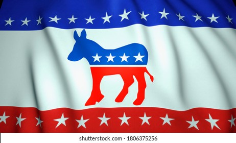 Waving Flag, Us Democratic Party Donkey Emblem, Background, 3d Illustration. Election 2020. Washington - USA, August, 2020