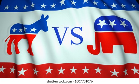 Waving Flag, Us Republican Party Elephant Emblem Vs Democratic Party Donkey Emblem, Background, 3d Illustration. Election  2020. Washington - USA, August, 2020