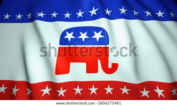 waving flag, us republican party elephant emblem,\
background, 3d illustration. Election  2020. Washington - USA,\
August, 2020