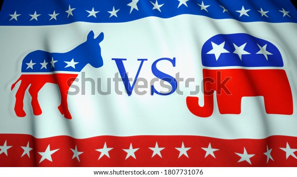 waving flag, us republican\
party elephant emblem vs democratic party donkey emblem,\
background, 3d illustration. Election  2020. Washington - USA,\
August, 2020