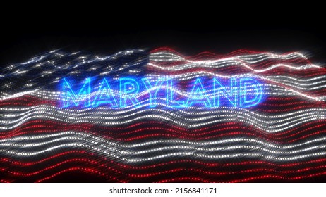 A waving flag of the USA with blue neon letters saying Maryland over a black background