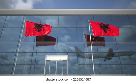 Waving Flags Of Albania In The Airport And Landing Airplane 3D Rendering