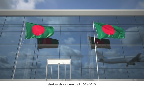 Waving Flags Of Bangladesh In The Airport And Landing Airplane 3D Rendering