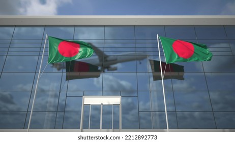 Waving Flags Of Bangladesh In The Airport And Taking Off Airplane.  Animation 3D Rendering