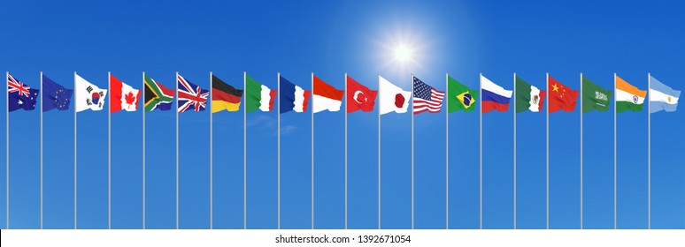 Waving Flags Countries Of Members Group Of Twenty. Big G20 In Japan In 2020 . Blue Sky Background. 3d Rendering.  Illustration.