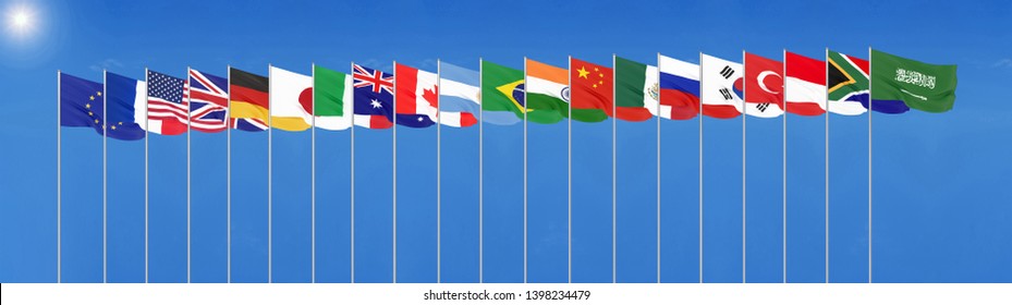 Waving Flags Countries Of Members Group Of Twenty. Big G20 In Japan In 2020 . Blue Sky Background. 3d Rendering.  Illustration.