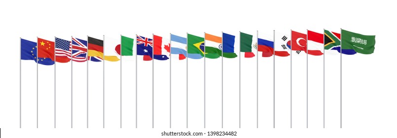 Waving Flags Countries Of Members Group Of Twenty. Big G20 In Japan In 2020. Isolated On White. 3d Rendering.  Illustration.