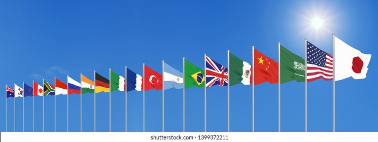 Waving Flags Countries Of Members Group Of Twenty. Big G20 In Japan In 2020 . Blue Sky Background. 3d Rendering.  Illustration.