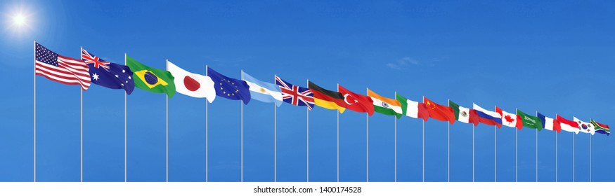 Waving Flags Countries Of Members Group Of Twenty. Big G20 In Japan In 2020 . Blue Sky Background. 3d Rendering.  Illustration.