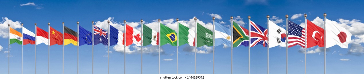 Waving Flags Countries Of Members Group Of Twenty. Big G20 In Japan In 2020 . Blue Sky Background. 3d Rendering.  Illustration.