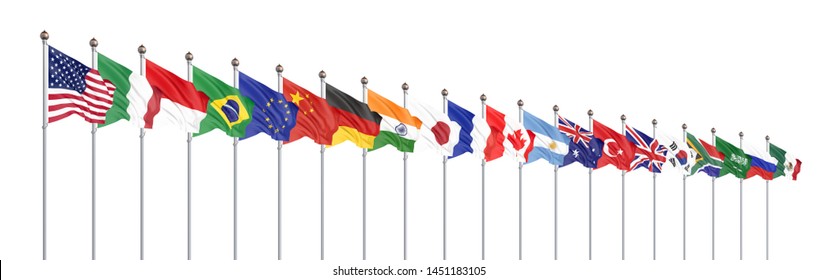 Waving Flags Countries Of Members Group Of Twenty. Big G20 In Japan In 2020. Isolated On White. 3d Rendering.  Illustration.