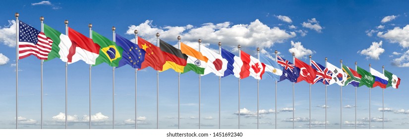 Waving Flags Countries Of Members Group Of Twenty. Big G20 In Japan In 2020 . Blue Sky Background. 3d Rendering.  Illustration.