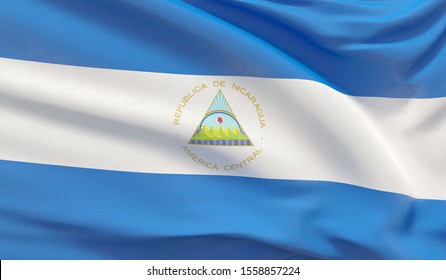 Waving national flag of Nicaragua. Waved highly detailed close-up 3D render.