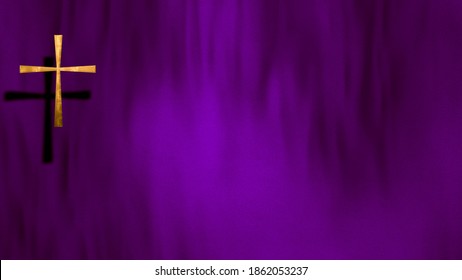 Waving satin with golden Christian Cross on liturgic violet purple copy space. 3D illustration concept for online worship church sermon in Advent and Lent symbolizing penance sacrifice and mourning