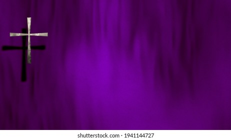 Waving satin with silver Christian Cross on liturgic violet purple copy space loop. 3D animation for online worship church sermon in Advent and Lent. Concept symbolizing penance sacrifice mourning.
