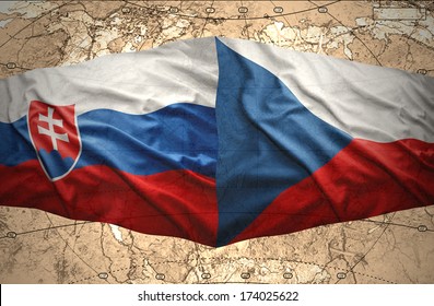 Waving Slovak and Czech flags of the political map of the world