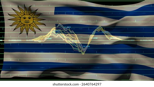 Waving Uruguay flag showing translucent grid overlay on screen, with colorful waveform chart. National flag, digital abstraction, data visualization, futuristic design, technology, graphic art,