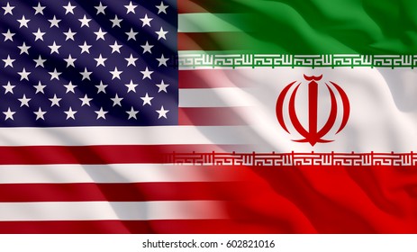 Waving USA And Iran Flag