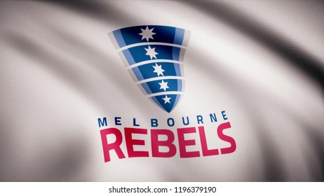 Waving In The Wind Flag With The Symbol Of The Rugby Team The Melbourne Rebels Sports Concept. Editorial Use Only