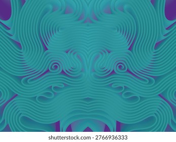Wavy digital composition with fluid shapes resembling the movement of light fabric. Gradients of green and purple give the image a weightless feel. 3d rendering digital illustration