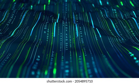 Wavy field, lines with a digital code. Digital structure, big data concept 3D illustration. Coded data loop. Cyberspace background