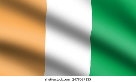 Wavy and flown national flag of Cote d Ivoire Republic also known as Ivory Coast. Tricolour flag of orange, white, and green stripes.