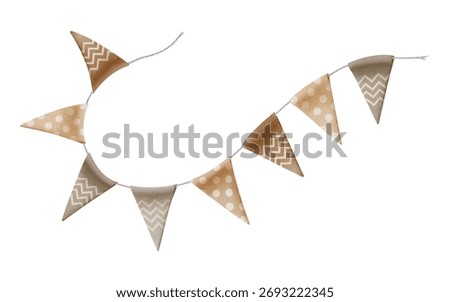 Wavy garland of triangular flags in earthy tones,featuring Scandinavian-style circles and zigzags,strung on twisted gray rope.Cozy,autumn watercolor for seasonal decor,invitations or festive designs