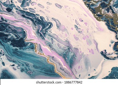 Wavy Mix Of Lilac, Blue And Gold Paint. Fluid Art. Marble Effect Background Or Texture.