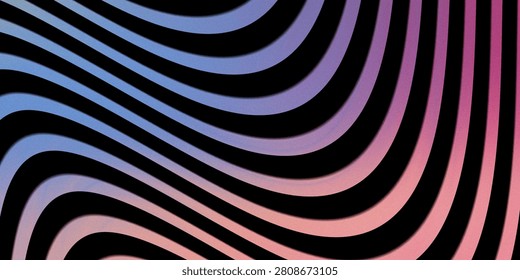 Wavy striped pattern with soft pastel pink and blue gradient color scheme. Elegant motion lines with artistic curvature on deep solid black background.