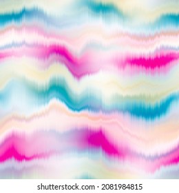 Wavy Summer Dip Dye Boho Background. Wet Ombre Color Blend For Beach Swimwear, Trendy Fashion Print. Dripping Wave Digital Watercolor Swirl Effect. High Resolution Seamless Pattern Art Material.