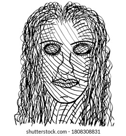 Wavy-haired Woman, Stylized As A Creepy Children's Drawing, An Imaginary Friend, An Evil Ghost Or Spirit, Concept For Suspense And Horror.