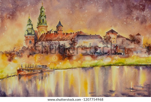 Wawel castle over Vistula river in Krakow, Poland. Picture created with watercolors.