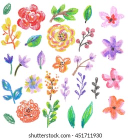wax crayons floral collection, leaves and flowers for beautiful and bright design