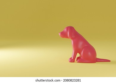 Wax Dog Sculpture In Red Isolated In A Yellow Background - 3d Rendering. Separation Anxiety Concept