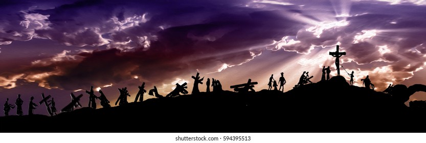 Way of the cross or stations of the cross silhouettes of Jesus Christ carrying his cross on Calvary hill, with cloudy dark sky and sun light rays. Abstract religious Lent illustration.