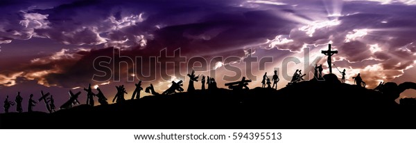 Way of\
the cross or stations of the cross silhouettes of Jesus Christ\
carrying his cross on Calvary hill, with cloudy dark sky and sun\
light rays. Abstract religious Lent\
illustration.