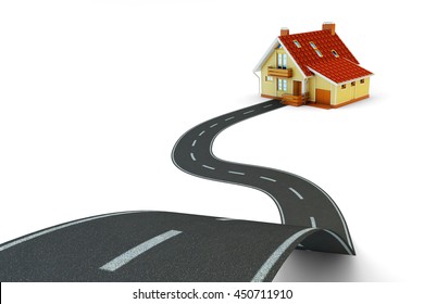 The Way To Home, Real Estate And Navigation Concept, Single Lane Road Track Leading To The House Building Isolated On White, 3d Illustration