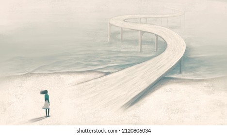 Way Hope Dream Ambition Freedom And Success Concept Art, Conceptual 3d Illustration, Surreal Artwork, Woman Alone With The Road And The Sea, Imagination Painting.