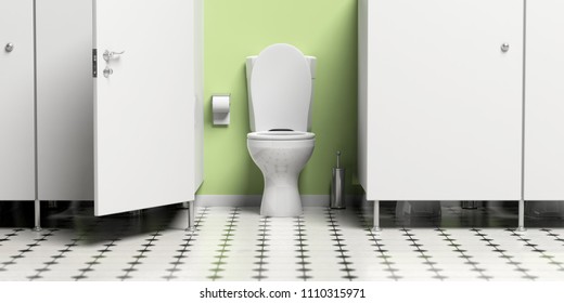 WC. Water Closet With Open Door And White Toilet Bowl. 3d Illustration
