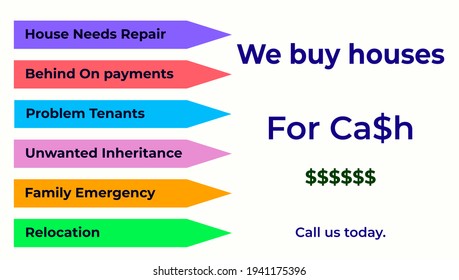 We Buy Houses For Cash Image On White Background. Buying A House Template. Real Estate Ad Template For Advertising.