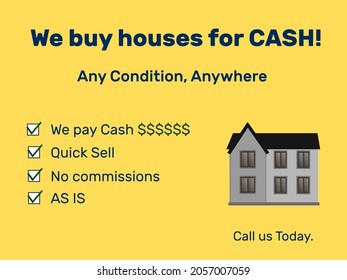 We Buy Houses For Cash Image On Yellow Background