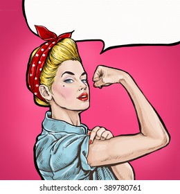 We Can Do It. Girl power advertising poster. Pop art woman showing her biceps. 