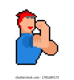 We Can Do It Pixel Art Woman Symbol Power Female. Girl Showing Fist 8 Bit.   