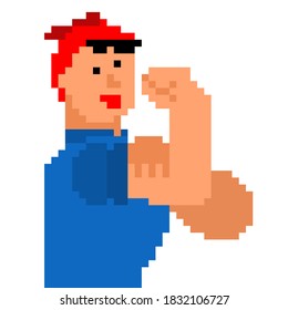 We Can Do It Pixel Art Woman Symbol Power Female. Girl Showing Fist 8 Bit. 