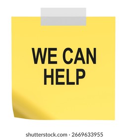 We Can Help, message on the yellow sticky note. 3D rendering isolated on white background