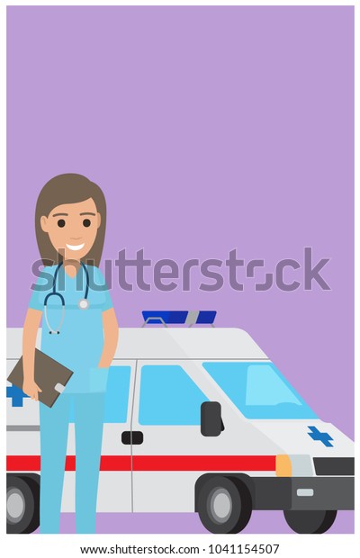 We congratulate all medical workers greeting\
card  illustration. Happy nurse in blue uniform with stethoscope on\
ambulance background