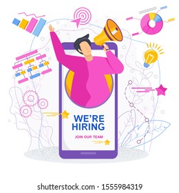 We are hiring concept. Tiny men with megaphone announces a vacancy from a mobile phone screen. Application for job search in the Internet. Human resources, job search and vacancies.