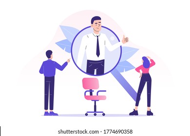 We are hiring concept. Young perfect candidate popping from big magnifier. Job hiring. Online recruitment and headhunting agency concept. Hiring employees. Modern illustration. Isolated on white  - Powered by Shutterstock