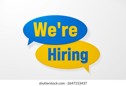 We are hiring. Speech bubble in yellow and blue. Recruitment, job interview, occupation, employment and labor, chance, job fair.